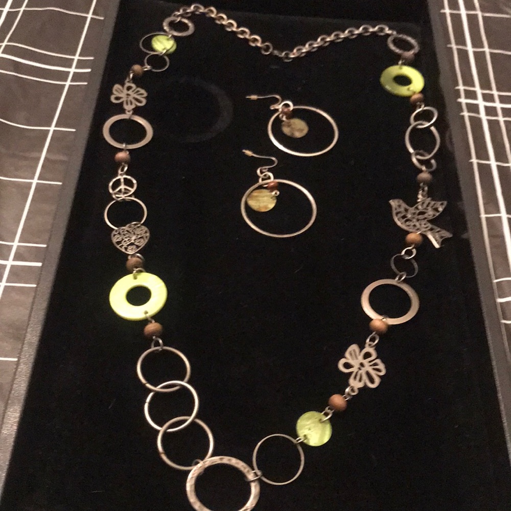 35” green hooped necklace with matching earrings.